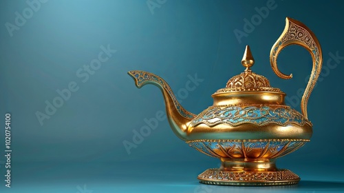 A golden enchanted Aladdin’s lamp on a blue backdrop 