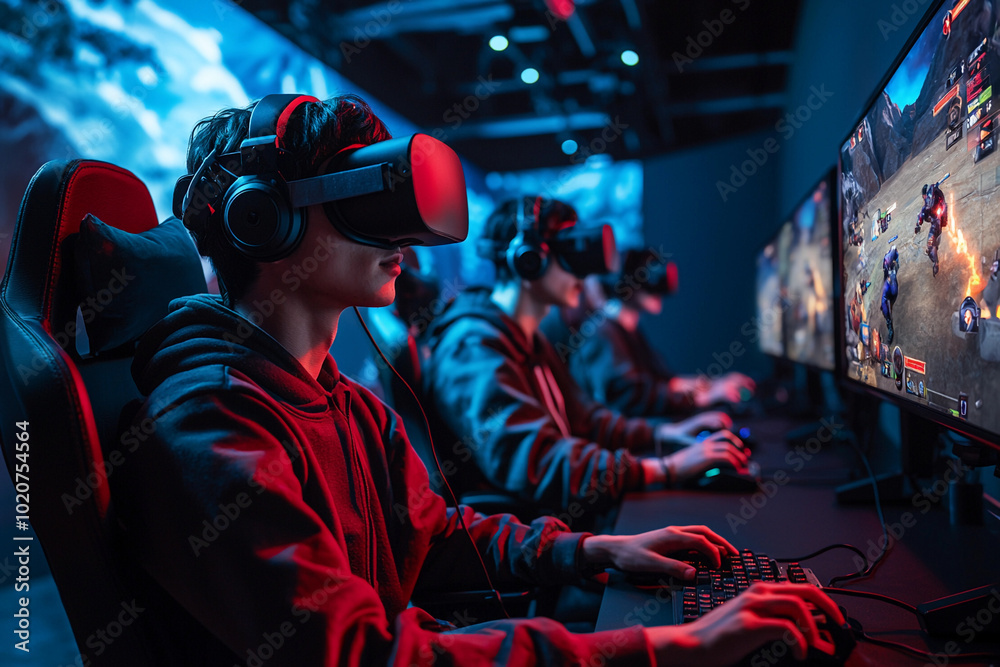 Young gamers experience virtual reality in a gaming arena at night Young gamers experience virtual reality in a gaming arena at night