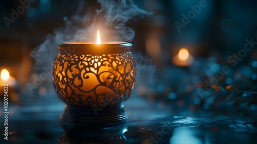 Ornate candle holder at night, showcasing a soft glowing flame and intricate patterns. Warm candlelight enhances the cozy ambiance with low-key lighting and a moody atmosphere. photo