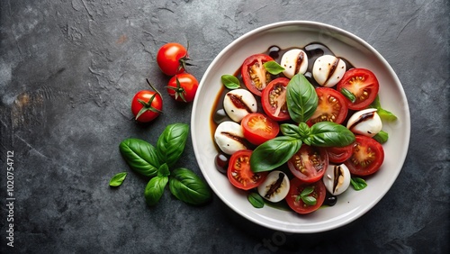 Fresh and minimalist caprese salad made with ripe tomatoes, mozzarella, basil, and balsamic glaze
