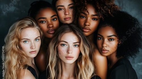 Group portrait of multiracial women, minimalistic grey background, professional studio lighting, varied skin tones and textures highlighted, contemporary style, digital art