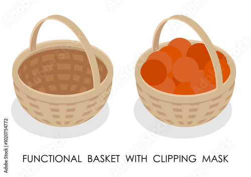 Isometric Basket with wicker handle filled with freshly picked fruits. Functional basket with clipping mass for fruits. 3D vector isolated on white background