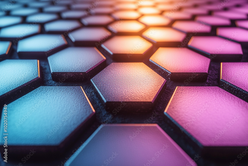 Colorful hexagonal pattern illuminated at night with vibrant lights Colorful hexagonal pattern illuminated at night with vibrant lights
