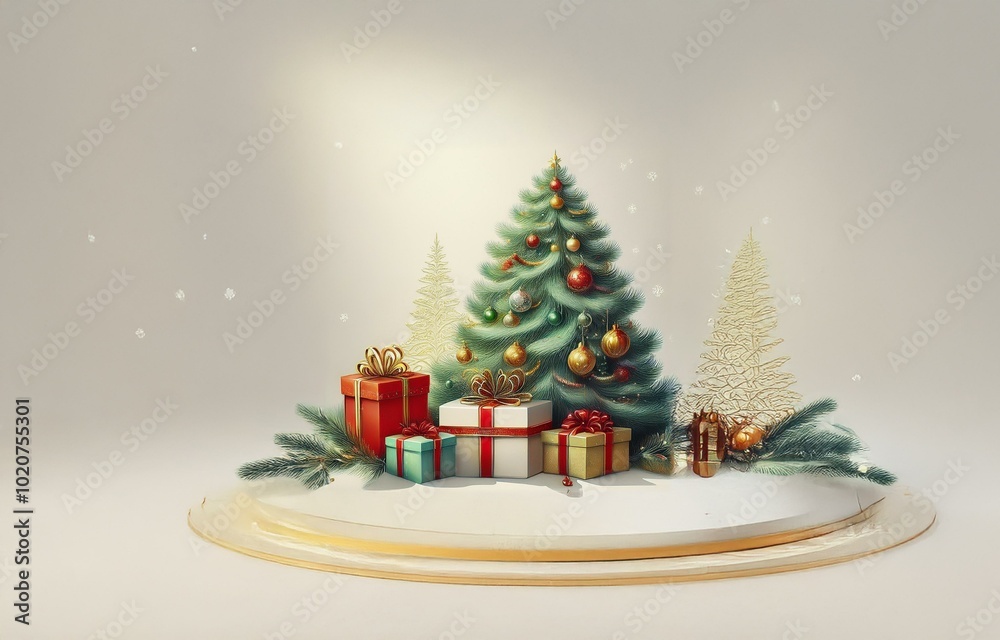 A decorated Christmas tree with ornaments and gifts sits on a white pedestal. A decorated Christmas tree with ornaments and gifts sits on a white pedestal.