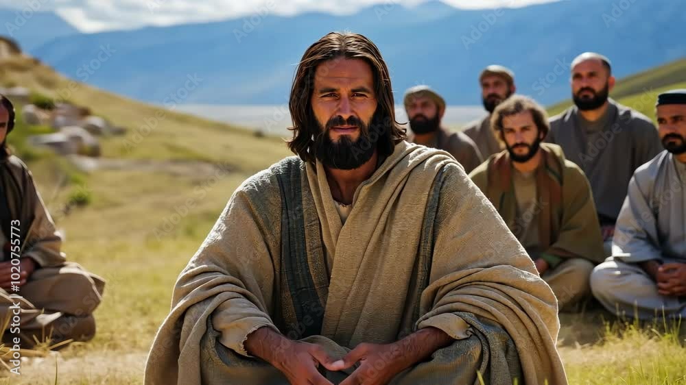A man with a beard and a robe sits in a field with a group of men. He is smiling and he is the leader of the group