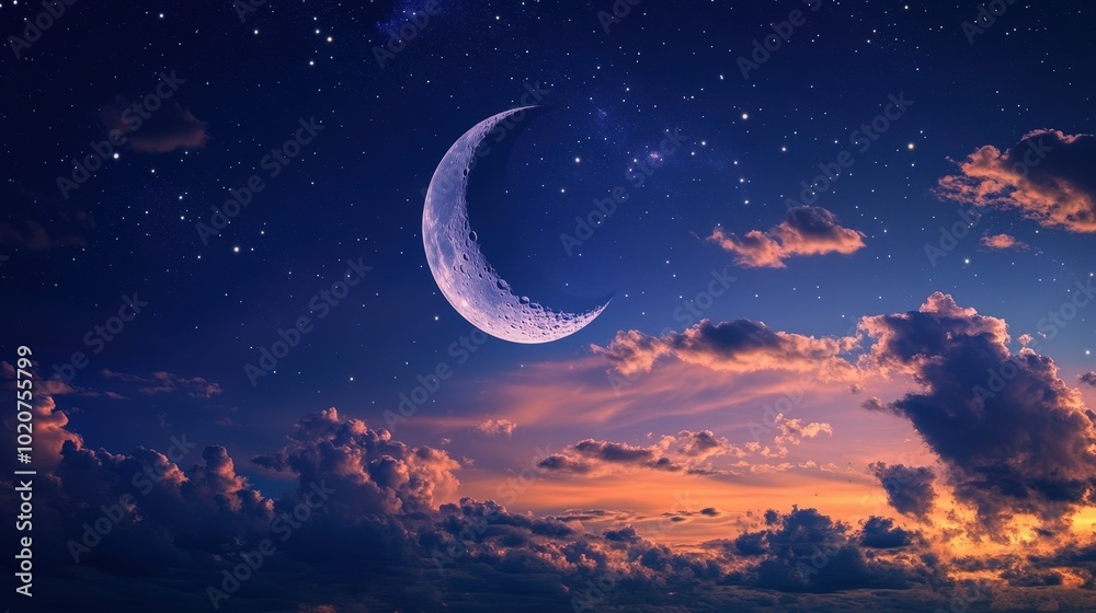 Crescent moon in starry night sky with dramatic clouds