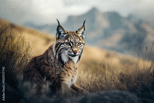 Obraz na płótnie Lynx in wild desolate arid landscape. Wildlife photography. Shallow depth of field. w salonie