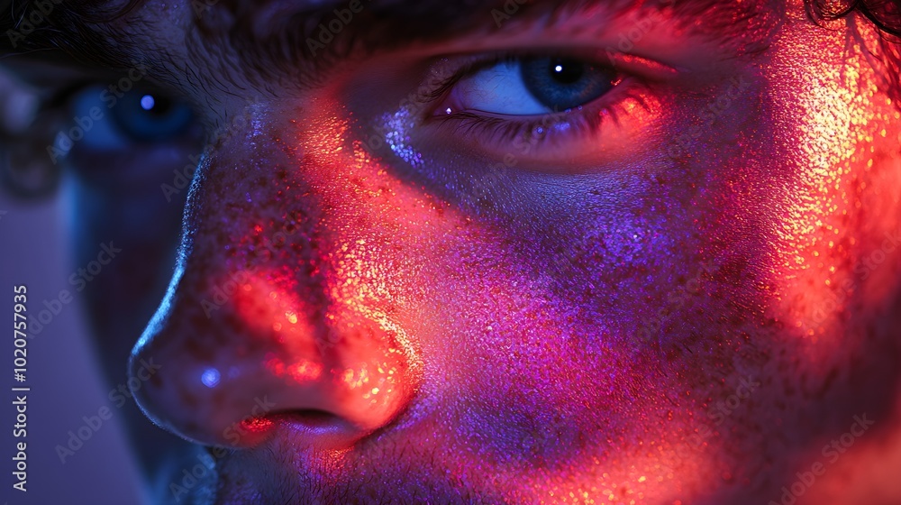 Naklejka premium Intense close-up of a young man's face, neon purple and red reflections highlighting his jawline, capturing a mysterious and futuristic aura