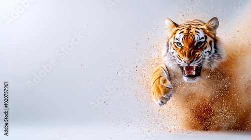 Tiger running fiercely, action shot with dust flying in the air. photo