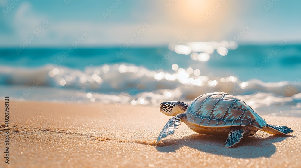 Obraz premium Close-up of a sea turtle crawling on a sandy beach under bright sunlight, capturing detailed shell texture and vibrant colors in a dynamic pose against a picturesque beach landscape.