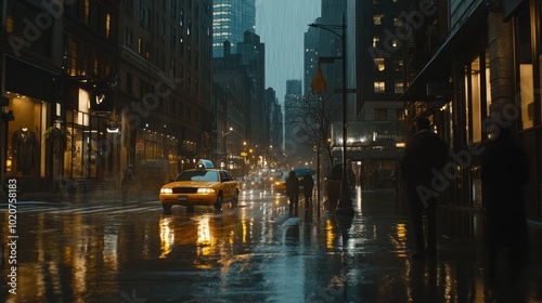 A Yellow Taxi Navigates a Rainy City Street at Night