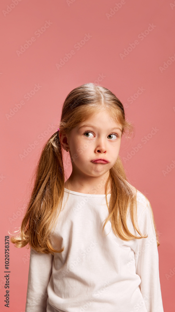 Girl makes funny pout with her lips, raising her eyebrows. Playful moment captured with humor and innocence against pastel pink background. Concept of humor, Funny expressions, childhood. Girl makes funny pout with her lips, raising her eyebrows. Playful moment captured with humor and innocence against pastel pink background. Concept of humor, Funny expressions, childhood.
