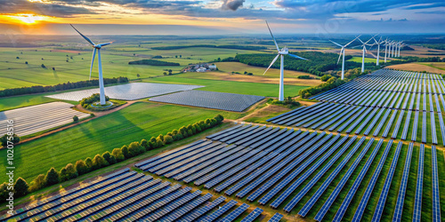 Aerial view of a solar farm and wind turbines, highlighting renewable energy solutions in a vibrant landscape.