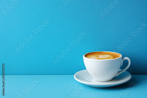 White cap of cappuccino with milk foam on bright blue turquoise background. Flat lay with black hot coffee mug. Coffee love minimal trendy concept. top view backdorp with copy space.