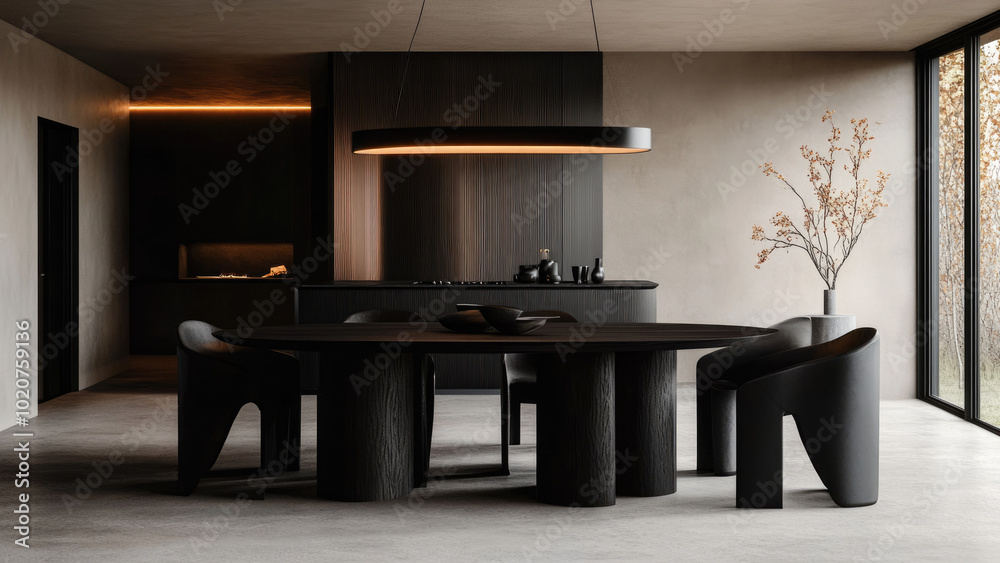 Modern Minimalist Black Interior with Large Window View Modern Minimalist Black Interior with Large Window View