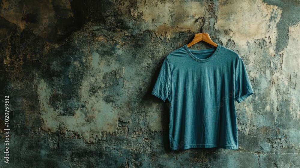 Naklejka premium Teal t-shirt hanging on wooden hanger against grunge wall