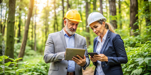 Professionals working in nature with a tablet, combining technology and the great outdoors. photo