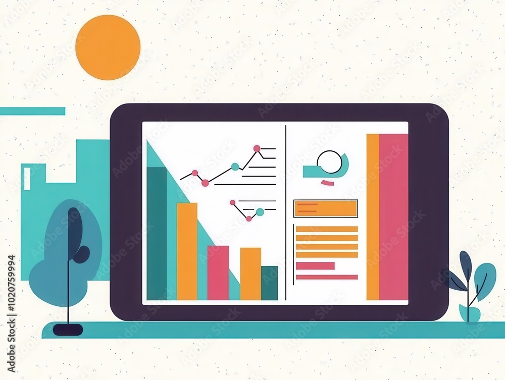 Obraz premium A colorful tablet displays graphs and charts, illustrating data analysis and visualization in a modern, stylish design.