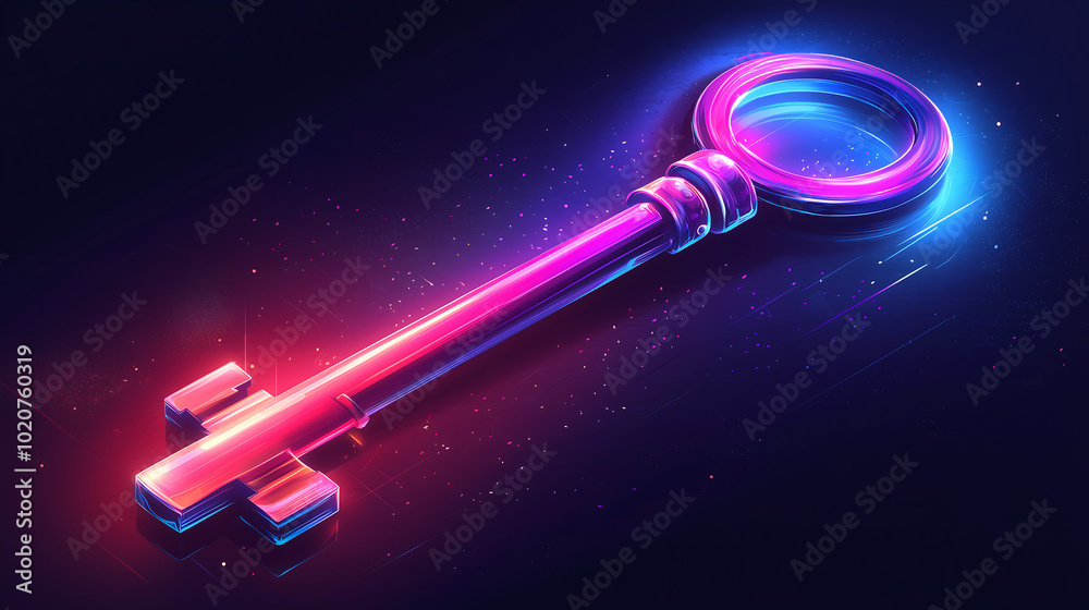 3D rendered neon key with a glowing blue and pink effect against a dark blue background with small colorful dots and streaks of light 3D rendered neon key with a glowing blue and pink effect against a dark blue background with small colorful dots and streaks of light