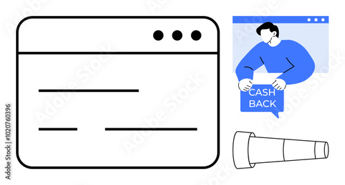 Graphical representation of a browser window a person advertising cashback and a telescope on a white background. Ideal for e-commerce, online incentives, digital marketing, promotions, and website