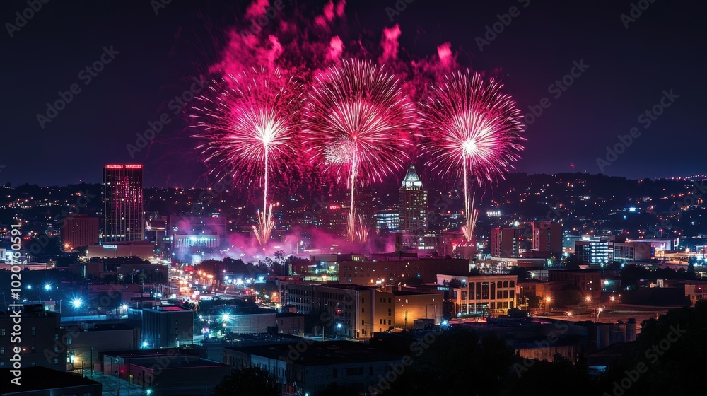 Vibrant fireworks display over a cityscape at night Vibrant fireworks display over a cityscape at night