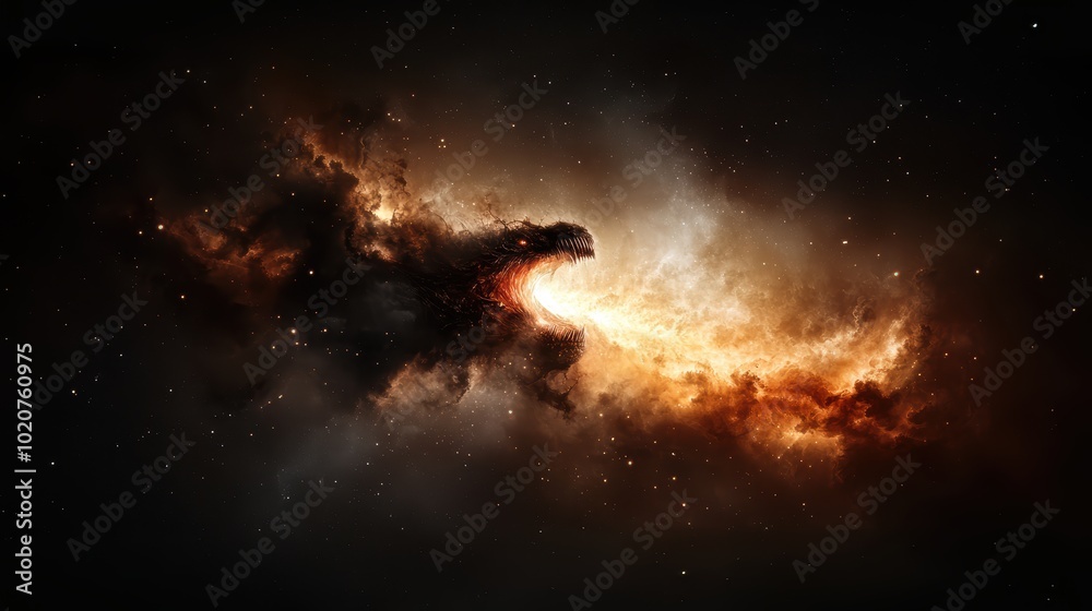 Naklejka premium Cosmic Encounter: Majestic Alien Beast in the Depths of Space - Sci-Fi Fantasy Book Cover Design