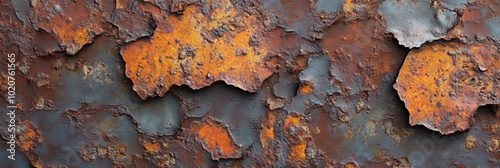 Rusty metallic surface showcasing vibrant oxidized patches, intricate details of decay and transformation, rich colors and textures. photo