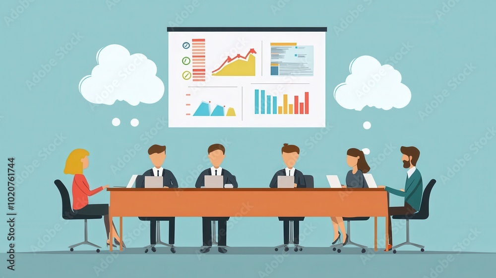 A group of professionals engages in a meeting around a table while analyzing charts displayed on a screen. A group of professionals engages in a meeting around a table while analyzing charts displayed on a screen.