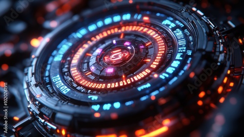 A futuristic, glowing gear with red, blue, and purple neon lights, featuring intricate digital patterns and circular data readouts in a high-tech, cyberpunk style.