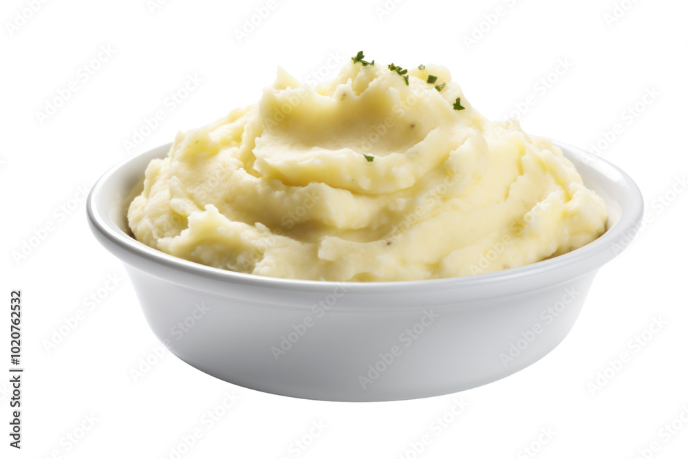 A generous portion of mashed potatoes with a smooth, velvety appearance, set on a white backdrop A generous portion of mashed potatoes with a smooth, velvety appearance, set on a white backdrop