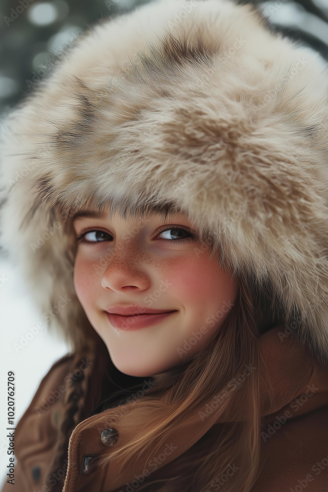young brunette girl wearing an oversized fur hat, smiling gently as she covers her head with the fluffy cap. The background is a serene winter landscape, adding to the cozy and warm atmosphere young brunette girl wearing an oversized fur hat, smiling gently as she covers her head with the fluffy cap. The background is a serene winter landscape, adding to the cozy and warm atmosphere