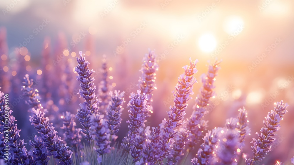 Vibrant lavender field at sunrise, showcasing golden hour lighting and a dreamy pastel color palette. Dew drops on petals enhance the soft focus and misty background in this macro photography. Vibrant lavender field at sunrise, showcasing golden hour lighting and a dreamy pastel color palette. Dew drops on petals enhance the soft focus and misty background in this macro photography.