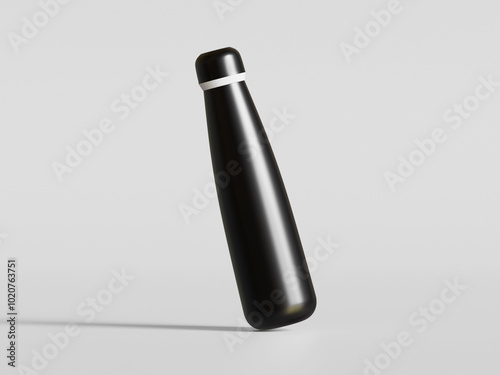 Realistic 3D illustration Rendering Aluminium Bottle black color on gray Background 