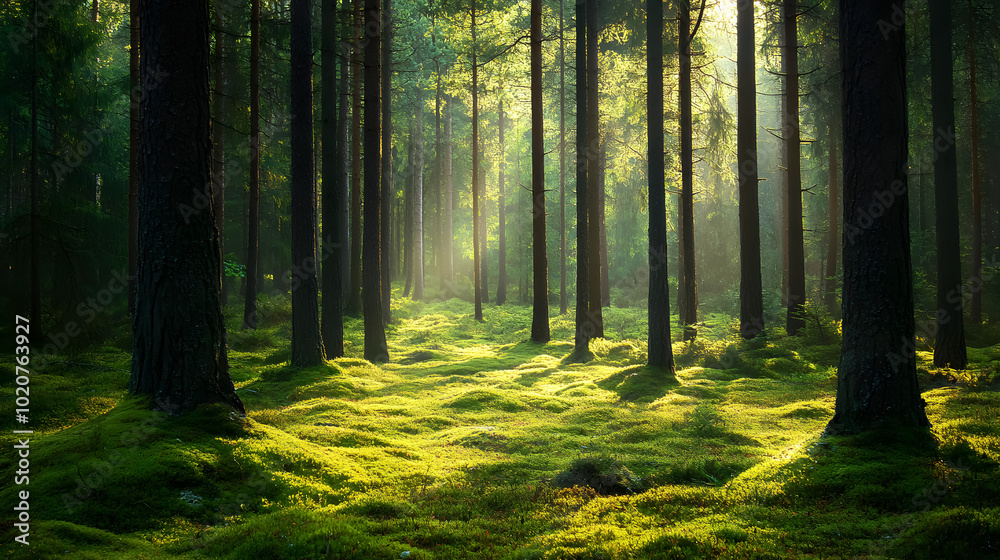 Fototapeta premium Elvish pine and fir forest with green moss covering the forest floor.