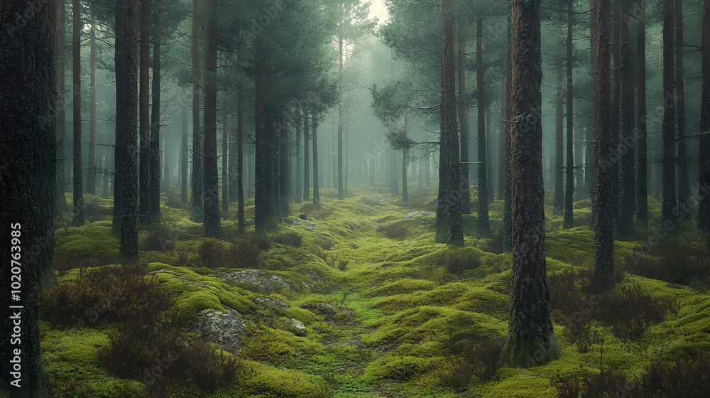 Fototapeta premium Elvish pine and fir forest with green moss covering the forest floor.