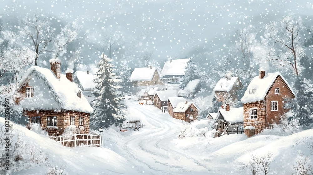 Snow-covered village in serene winter landscape with falling sno Snow-covered village in serene winter landscape with falling sno