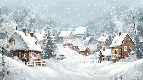 Snow-covered village in serene winter landscape with falling sno photo