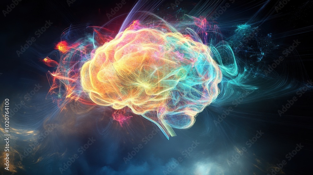 A vibrant, abstract depiction of a brain surrounded by colorful light and swirling energy, representing creativity and intelligence.