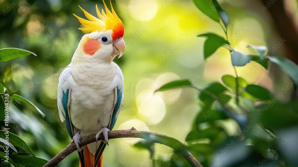 Vibrant cockatoo bird perched on branch in lush greenery Vibrant cockatoo bird perched on branch in lush greenery