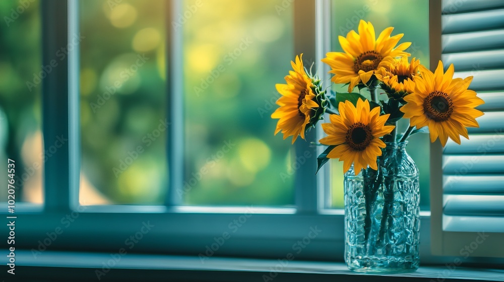 Bright Sunflowers in Glass Vase by Window
