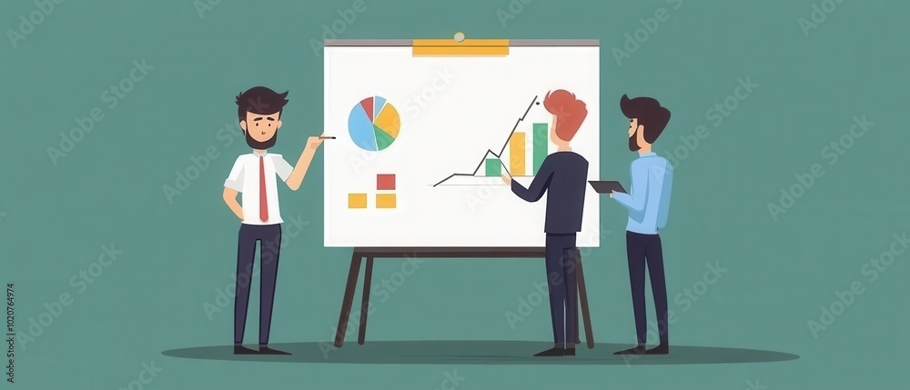 Three professionals discuss data on a presentation board featuring graphs and charts, illustrating teamwork and analytics in a modern setting. Three professionals discuss data on a presentation board featuring graphs and charts, illustrating teamwork and analytics in a modern setting.