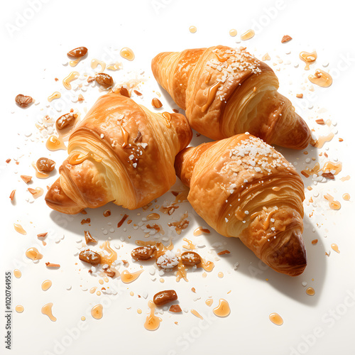 Freshly baked golden croissants  and beans honey topping on white background