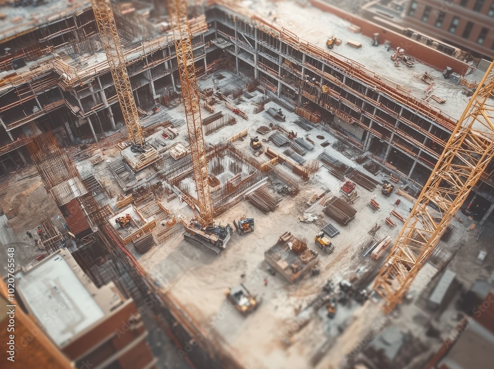 Construction site with cranes and heavy machinery Construction site with cranes and heavy machinery