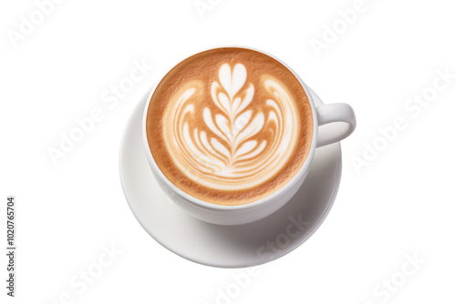 A detailed image of a latte with a beautiful rosette design in the froth, set on a stark white background