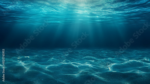 Empty Underwater Ocean Bottom Background with Copy Space: An underwater view of the ocean floor with ample empty space, suitable for adding text or design elements.