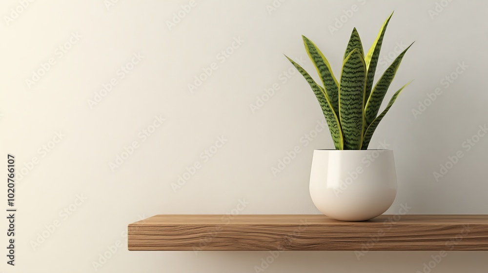 Elegant Snake Plant in Modern Pot on Wooden Shelf Elegant Snake Plant in Modern Pot on Wooden Shelf