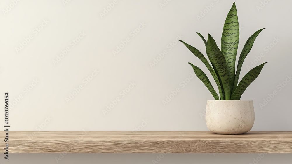 Modern Snake Plant in Elegant Pot on Wooden Shelf Modern Snake Plant in Elegant Pot on Wooden Shelf