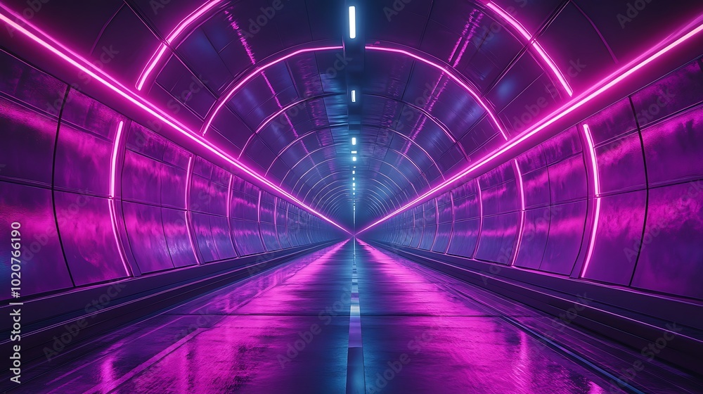 A futuristic tunnel with neon pink and blue lights. A futuristic tunnel with neon pink and blue lights.
