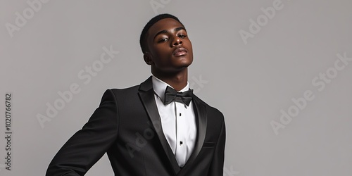 Elegant man in black tuxedo and bow tie posing