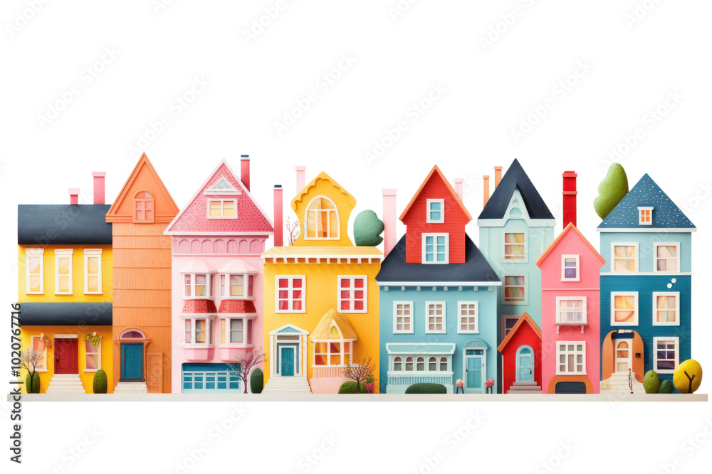 A collection of quirky, brightly colored homes with a mix of bold and pastel tones, distinct shapes and features, set on a white background A collection of quirky, brightly colored homes with a mix of bold and pastel tones, distinct shapes and features, set on a white background